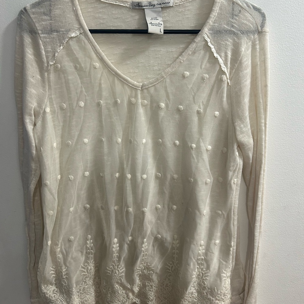 American Rag Cie Women's Ivory Long Sleeve Sheer Front Blouse Size L - Picture 1 of 3